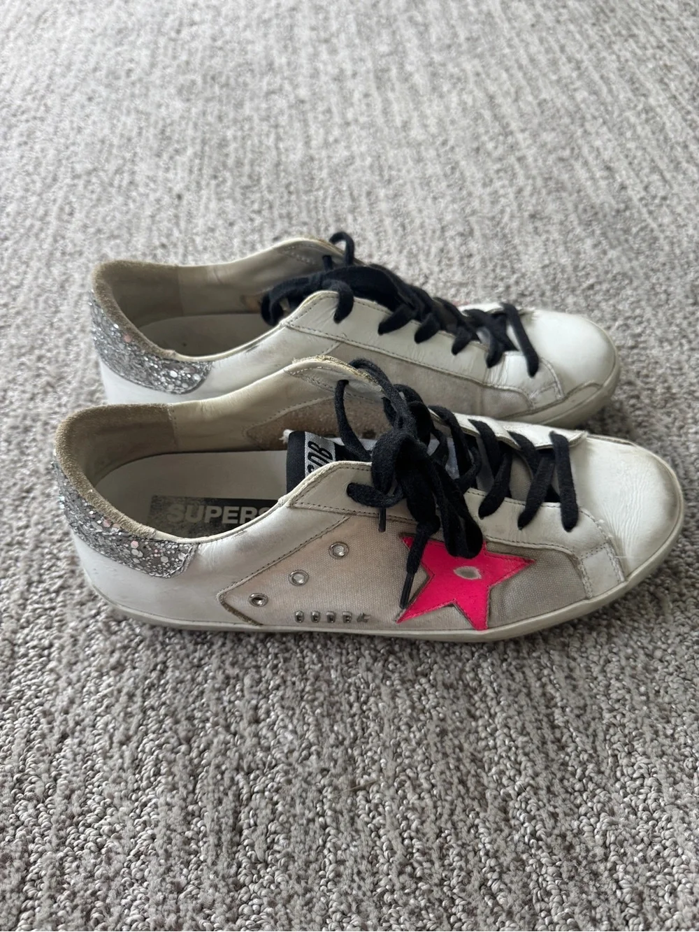 Golden Goose White Sneakers with Hot Pink Star and Black Laces